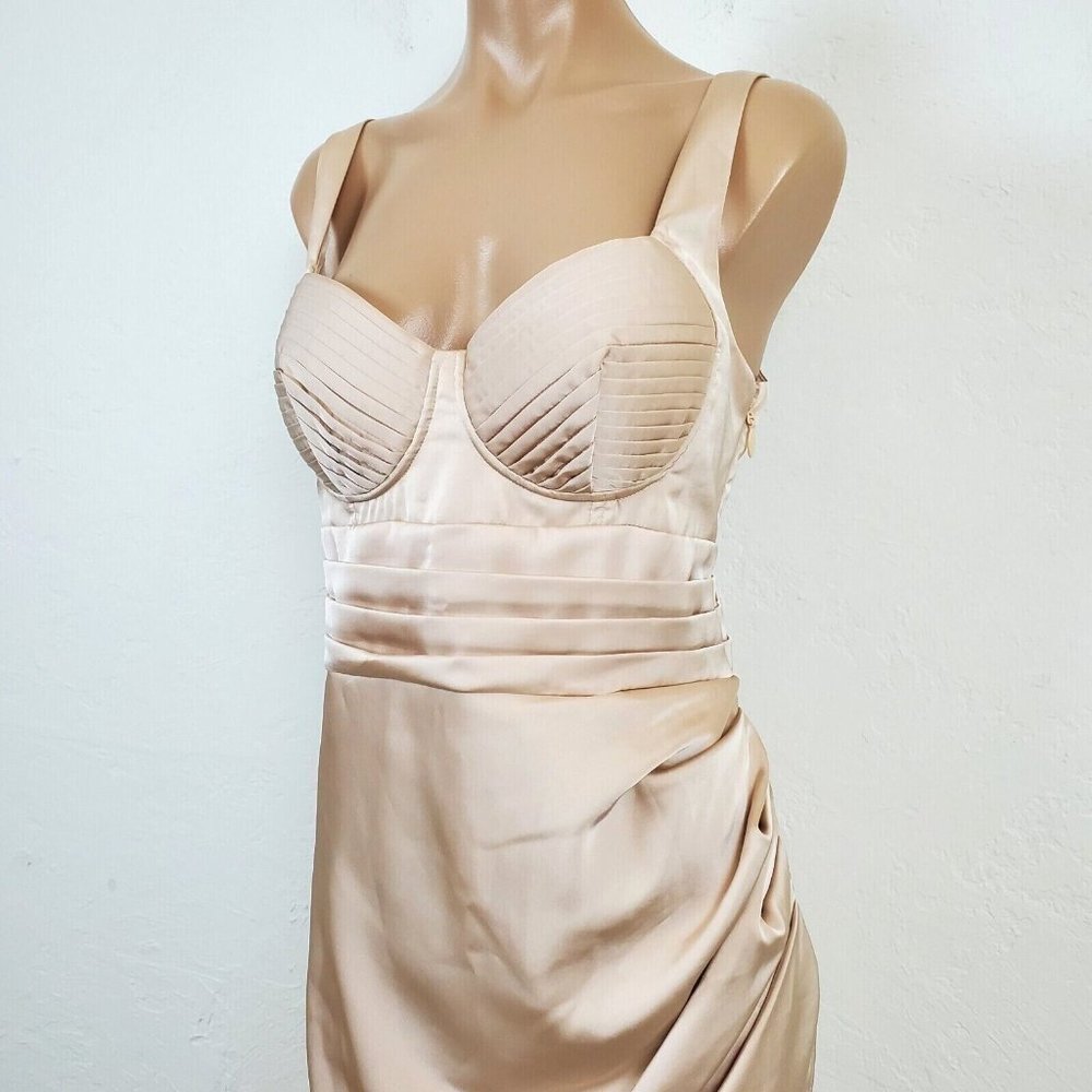 Lavish Alice Pleated Corset Cocktail Dress 12 US Clay Beige Satin Draped Ruched - Picture 11 of 12